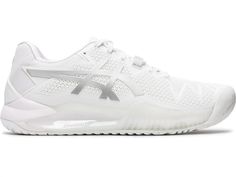 the asics shoes are white and grey