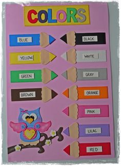 a bulletin board with different colored pencils and an owl sitting on a tree branch