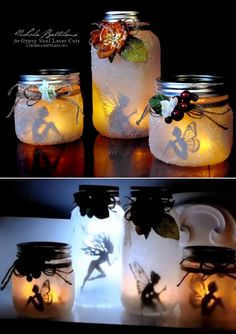 mason jars with fairy lights in them are decorated to look like the silhouettes of two people