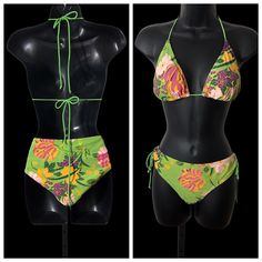 Bold botanical print bikini in green floral with pink, purple and gold accents. Classic triangle halter top with generous ties at neck and back allows suit more flexibility in fit. Top has removable pads.Bottoms are a more modest cut, with side ties that can be cinched at leg openings. MEASUREMENTS  TOP Triangle Width 9 1/2" Triangle Height 8" BOTTOM Width at waist/hip 32" Height at center front, measured flat 9" **OUR VINTAGE PIECES ARE ALL FINAL SALE!  Please check measurements carefully and c Tropical Swimwear, Triangle Halter Top, Athleisure Jacket, Swimsuit Vintage, Red Windbreaker, Vintage Vacation, Vintage Swimsuits, Two Piece Swimsuit, Vintage Hippie