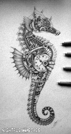 a pencil drawing of a seahorse with a clock on it's face and the words night fury scars written below