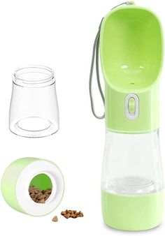 a dog food dispenser is shown with its bowl next to it's contents