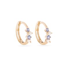 Stone and Strand 10K Yellow Gold Out Of The Blue Diamond and Blue Sapphire Huggies Side Image Diamond Huggies, Out Of The Blue, Pearl Hoop Earrings, Favorite Rings, Elegant Earrings, Blue Diamond, Huggies Earrings, Gemstone Colors, Crystal Earrings