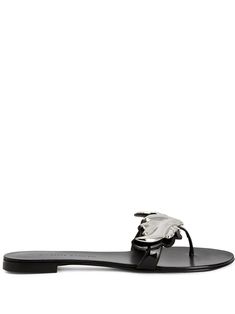 black leather open toe branded insole slip-on style silver-tone hardware flat leather sole Giuseppe Zanotti Shoes, Metal Accessories, Angelina Jolie, Giuseppe Zanotti, Flat Sandals, Black Sandals, Open Toe, Metallica, Womens Sandals