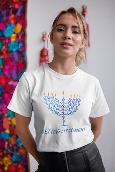 Getting Lit Tonight - The perfect tshirt for a Chanukah party or a Hanukkah gift (however you like to spell it :)  * 100% combed and ring-spun cotton (Heather colors contain polyester) * Fabric weight: 4.2 oz/yd² (142 g/m²) * Pre-shrunk fabric * Side-seamed construction * Shoulder-to-shoulder taping * Blank product sourced from Guatemala, Nicaragua, Mexico, Honduras, or the US Surgery Gift, Flag Face, Paris T Shirt, Get Well Soon Gifts, E Mc2, Novelty Shirts, Making Shirts, Flag Shirt, Flag Tshirt