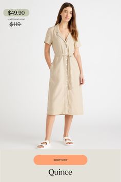 This midi linen dress should be in every wardrobe. Made from 100% organic linen and designed to be versatile, with elegant buttons down the front, and two pockets at the waist, and adjustable removable belt for the perfect fit.  | Quince | Women's Short Sleeve Dress in Driftwood, Size Large, Linen Belted Linen Dress For Daywear, Belted Linen Midi Dress For Day Out, Beige Linen Midi Dress For Work, Belted Linen Midi Dress For Daywear, Linen Midi Dress With Tie Waist, Button-up Linen Dress For Day Out, Casual Linen Midi Dress With Tie Waist, Linen Midi Dress With Pockets For Day Out, Linen Midi Dress With Tie Waist For Day Out