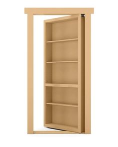 an open bookcase with shelves on each side and one door opened to reveal the room