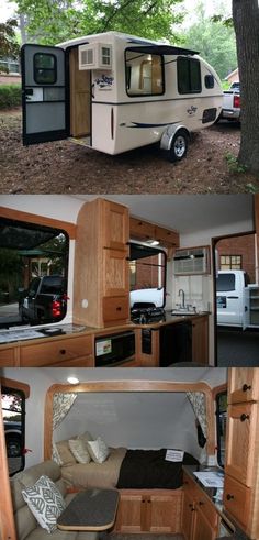 the interior and exterior of an rv with wood paneling, windows, cabinets, and kitchen