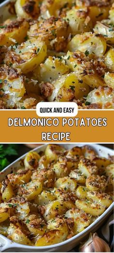 an image of a dish with potatoes in it and the words, quick and easy delmonicoo potatoes recipe