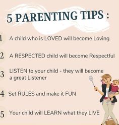 a woman holding a child in her arms with the text 5 parenting tips