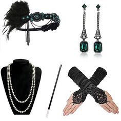 Season:All Seasons; Gender:Women's; What's in the box:Earrings,Necklace,Headband,Gloves; Types:Accessories Set,Outfits; Style:The Great Gatsby,1920s; Occasion:Halloween; Material:Feather; Age Group:Adults; Listing Date:06/29/2023 Vintage Black Jewelry For Costume Party, Elegant Halloween Jewelry For Costume Party, Elegant Jewelry For Halloween Costume Party, Retro Jewelry For Parties, Elegant Halloween Costume Jewelry, Elegant Silver Costume Jewelry, Elegant Adjustable Jewelry For Costume Party, Elegant Black Jewelry For Costume Party, Box Gloves