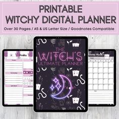 the witch's ultimate planner printable is shown on two ipads and one tablet