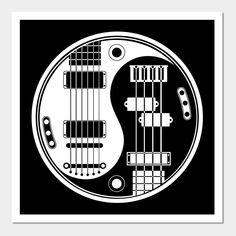 the yin guitar sticker is in black and white, with an image of two guitars on