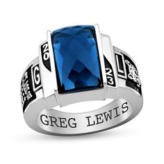 He's one-in-a-million, and so is this sleek deco-inspired class ring. Customize the ring with him in mind by adding a 14.0 x 8.0mm faceted rectangular simulated birthstone or school color of your choice centered within a pair of stepped edge-style collars where you can showcase his graduating year and initials sculpted in a bold block font. Choose a significant activity image or icon to accent each side panel of the ring and make it a one-of-a-kind keepsake with a heartfelt message inscribed alo Rectangular Sapphire Ring For Anniversary, Modern White Gold Rings With Rectangular Stone, Modern White Gold Ring With Rectangular Stone, Rectangular Sapphire Ring With Accent Stones For Formal Occasions, Formal Rectangular Sapphire Ring With Accent Stones, Classic Signet Ring With Rectangular Gemstone, Formal Birthstone Ring With Rectangular Stone, Classic Rectangular Rings With Polished Edges, Modern Rectangular Sapphire Ring For Anniversary