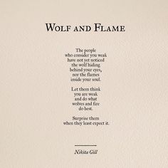 the poem wolf and flame is written in black ink on white paper with an image of a