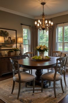 a dinning room table with chairs and a chandelier hanging from the ceiling