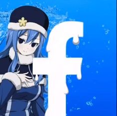 an anime character with blue hair is standing in front of the facebook sign that says f