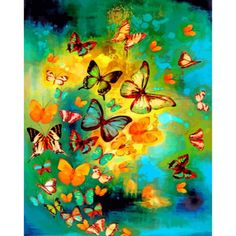 a painting of many butterflies flying in the air with blue and yellow colors on it