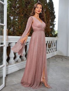 Pink  Collar Extra-Long Sleeve Glitter Plain A Line Embellished Slight Stretch  Weddings & Events Glitter Prom Dress, Prom Evening Dresses, Split Sleeve, Rose Bonbon, Extra Long Sleeves, Pink Collar, Pink Collars, Evening Dresses Prom, Dress P