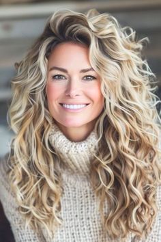 Long Permed Hair With Bangs, Curly Long Layered Haircuts, Blonde Spiral Perm, Long Shags For Curly Hair, Perm Women Long Hair, Perms For Long Hair 2024, Curly Hairstyle 2024, Long Blonde Curled Hair, Long Hair With Perm