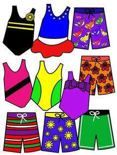 an assortment of colorful swimsuits and shorts