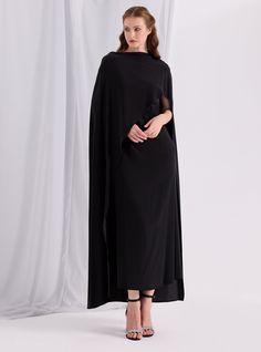 WF ATELIER Black Two-piece Dress and Cape, you can style separately with different outfıt Model height: 177 CM 100% Viscose Length: 137 cm Cape Long sıde :145 cm Pre-draped Cape Evening Dress, Evening Chiffon Dress With Cape Sleeves, Evening Cape Maxi Dress With Draped Sleeves, Evening Maxi Dress With Draped Sleeves And Cape Shape, Silk Cape Dress For Evening, Pre-draped Cape Sleeves Evening Maxi Dress, Pre-draped Maxi Dress With Cape Sleeves For Evening, Formal Cape Evening Dress With Draped Sleeves, Evening Silk Cape Dresses