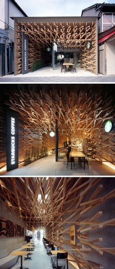 the interior and exterior of a starbucks coffee shop with wooden slats covering the walls