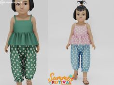 two dolls are shown side by side, one is wearing green top and the other has blue pants