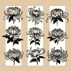 four different types of flowers in black and white on a beige background, each with an individual's own design