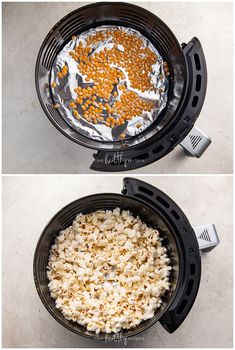 two pictures showing how to make popcorn in an air fryer with the lid open