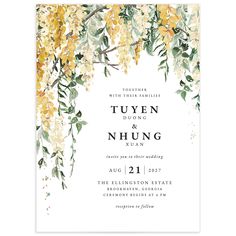 an elegant wedding card with yellow flowers and greenery