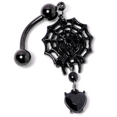 Black Gem Black Spiderweb Halloween Reversible Dangle Belly Ring If you're ready to get into the spirit of Halloween then you will love this 14 gauge navel jewelry with scary style! Made with a 3/8" black plated over 316L surgical grade stainless steel curved barbell, this reversible navel ring features a spiderweb dangle charm with a black gem spider as well as a black gem heart dangle charm that is perfect for trick or treating or a gothic ball.Specifications14 Gauge (1.6mm), 3/8" (10mm), Blac Jewelry Promotion, Navel Jewelry, Dangle Belly Rings, Black Gems, Tongue Rings, Navel Ring, Trick Or Treating, Navel Rings, Belly Ring