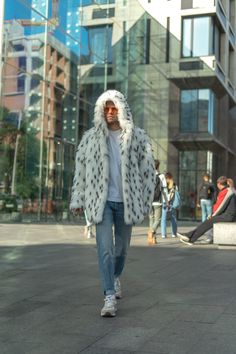 White hooded jacket with removable sleeves, Sleveless faux fur coat, Man jacket with hood, Burner coat Meet our hooded jacket with removable sleeves! Stylish thick faux fur looks like royal ermine imitation. The coat quickly turns into the vest or vice versa. Definitely statement item, that looks cool on the rave party or just as a conspicuous street style piece. DETAILS: ▪️ white faux fur with black tails ▪️ white lining ▪️ hook closures ▪️ side pockets ▪️ one interior pocket ▪️ oversize hood ▪ Man Jacket, Removable Sleeves, Rave Party, Jacket With Hood, White Faux Fur, Faux Fur Coat, Hooded Jacket, Fur Coat, Faux Fur