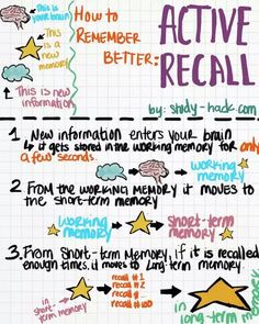 a handwritten poster with the words active recall written in different colors and styles on it