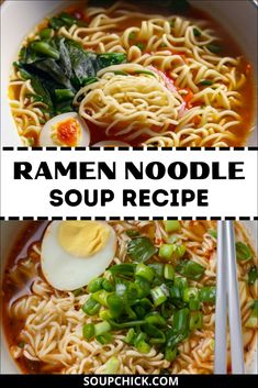 ramen noodle soup recipe in a bowl with chopsticks on the side