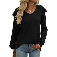 Women Long Sleeve T Shirts Fall V Neck Ruffle Sleeve Tunic Tops for Fall and Winter SHIBEVER Long Sleeve T Shirt Has Comfortable Materials and Ruffle Sleeve, It Can Dressy Perfect All-Purpose Style Clothing for Your Wardrobe. Shibever Fall Long Sleeves Top is Lightweight And Has A Comfortable Fabric That is Comfortable And Wram in Cold Weather. This T Shirt or Top is Specially Designed for You Who Enjoy the Daily Life. Product Details Women Fall T Shirts V Neck Long Sleeve Tunic Tops Clothing fo Fall V-neck Ruffled Tops, Trendy Ruffle Sleeve Top For Fall, Trendy Fall Tops With Ruffle Sleeves, Casual Ruffled Tops For Fall, Fall Solid Top With Ruffles, Solid Ruffled Tops For Fall, Solid Color Ruffle Sleeve Tops For Fall, Fall Ruffle Sleeve Tops In Solid Color, Fall Ruffled V-neck Tops