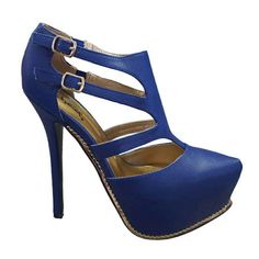 Cobalt Blue Faux Leather Platform Heels With Side Straps. 1¾ Inch Platform And 5¾ Inch Heel. Blue Leather Heels For Night Out, Blue Platform Heels For Night Out, Cobalt Blue Heels, White Platform Heels, Black Pointed Heels, Ankle Tie Heels, Retro Heels, Clear Block Heels, Sparkle Heels