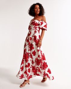 Women's The A&F Emerson Off-The-Shoulder Maxi Dress | Women's Dresses & Jumpsuits | Abercrombie.com Red Floral Maxi Dress, Female Features, White Floral Maxi Dress, Abercrombie And Fitch Dresses, Flowy Fabric, Short Sleeve Maxi Dresses, Mackinac Island, Ruched Bodice, White Floral Dress