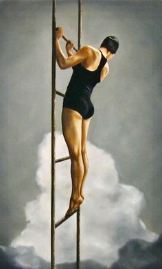 a painting of a woman climbing up a ladder to reach the clouds with a baseball bat