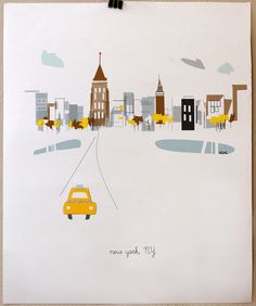 a drawing of a yellow car driving down the road in front of a cityscape