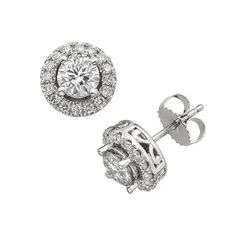 Featuring exquisite colorless diamonds, these halo stud earrings will make a captivating addition to any ensemble.Â Limit 1 per customer.Â  Earring Details: Diameter: .47 in. Backings: post. Metal: rhodium-plated 18k white gold Diamond Details: IGL certified Total weight: 2 ct. Cut: round Color: F Clarity: SI2 Setting: prong Image(s) may be enlarged to show detail. Diamond weights are approximate. Diamond total weights may vary between .01 and .08 ct. Some diamonds have fewer than 17 f Luxury Halo Diamond Earrings With Round Cut, Fine Jewelry Halo Design Round Cut Earrings, Dazzling Diamond Cluster Earrings With Halo, Dazzling Diamond Halo Cluster Earrings, Luxury Diamond Earrings With Halo, Luxury Halo Diamond White Earrings, Dazzling Diamond Halo Earrings, Dazzling White Gold Earrings With Halo Setting, Diamond Halo Cluster Earrings In Fine Jewelry Style