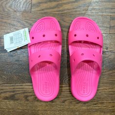 Pink Croc Sandals. Perfect For The Pool. Croc Slides, Croc Sandals, Crocs Slides, Skechers Sandals, Pink Crocs, Pink Slides, Huarache Sandals, Caged Sandals, Swim Shoes