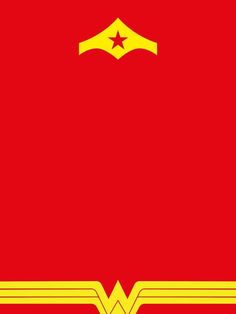 a red and yellow background with a gold wonder woman symbol on the bottom right corner