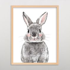 a watercolor painting of a grey rabbit with pink nose and ears sitting in front of a white wall