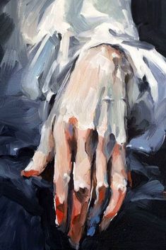 an oil painting of a person's hand in white cloths on a black background