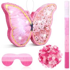 a pink butterfly with sunglasses and flowers on it's wings, next to a pair of eyeglasses