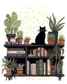 a black cat sitting on top of a bookshelf filled with plants