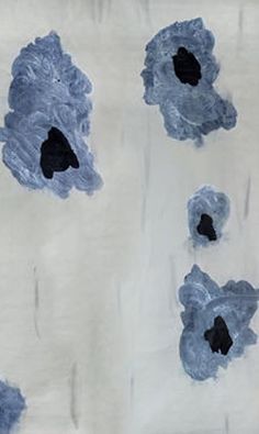 an abstract painting with blue flowers on white paper