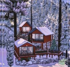 this is an artist's rendering of a cabin in the woods with snow on the ground