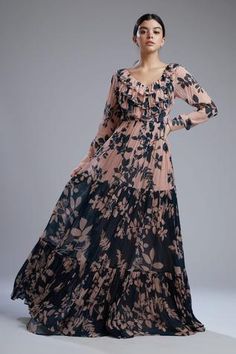 Shop for KoAi Pink Georgette Floral Print Ruffle Maxi Dress for Women Online at Aza Fashions Elegant Silk Dresses, Maxi Dress For Women, Ruffle Maxi Dress, Pink Maxi, Dresses 2023, Maxi Dress Online, Pink Floral Dress, Teal And Pink, Pink Maxi Dress